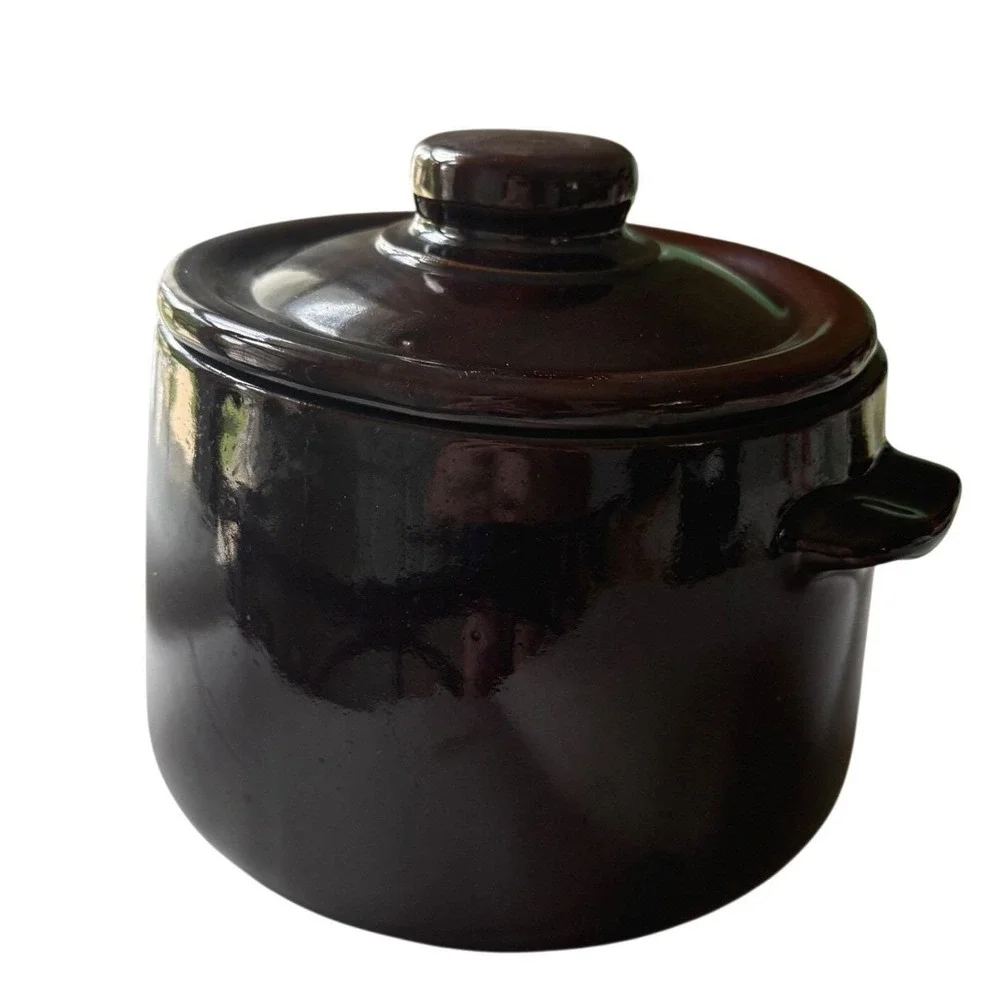 Vintage Brown Drip Glaze Bean Pot with Lid - USA Stoneware - Cottagecore Kitchen